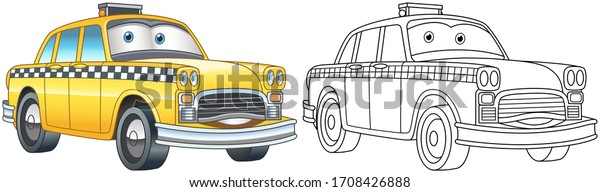 Cartoon retro taxi car. Coloring\
page and colorful clipart character. Cute design for t shirt print,\
icon, logo, label, patch or sticker. Vector\
illustration.