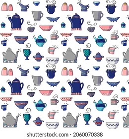 Cartoon retro tea cup vector pattern background. Distressed vintage look. Hand drawn tea plates, cups, teapot, dishes. For paper, packaging, fabric, menu, cafe, bakery, tea party, card.