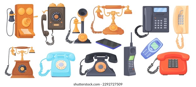 Cartoon retro telephones. Various old wire phones for call, antique dial telephone with handset on cord, vintage office radio cellphone phone, vector illustration of wired old-fashioned nostalgia