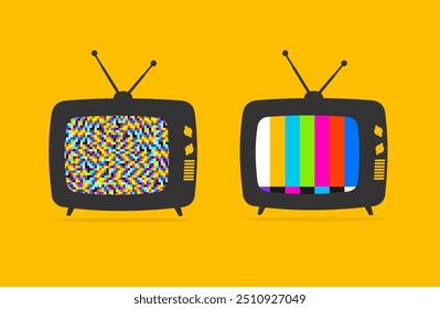 Cartoon Retro Televisão com Barras de Cores e Tela de Ruído de Tv Definido em um Estilo de Design Plano de Conceito de Fundo Amarelo. Ilustração vetorial