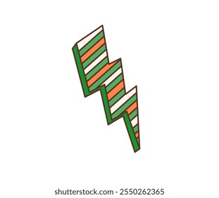 Cartoon retro thunderbolt lightning for Saint Patrick Day or Irish holiday, vector symbol. Groovy lightning thunderbolt with Ireland flag colors pattern ornament for St Patrick Day holiday celebration