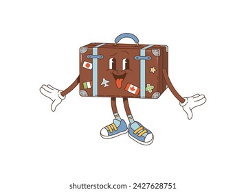 Cartoon retro travel suitcase groovy character. Isolated vector vintage luggage, adorned with vacation stickers. Charming personage with big, expressive eyes and a wide, welcoming smile, ready to trip