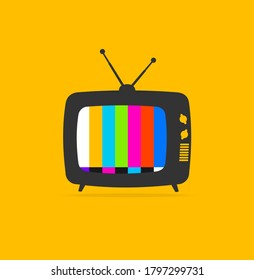 Cartoon Retro Tv On A Yellow Concept Flat Design Style. Vector Illustration Of Television With Color Bars