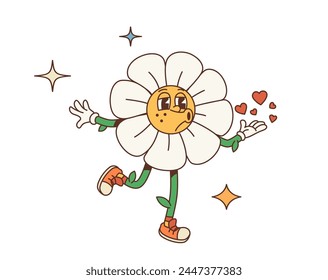 Cartoon retro valentine groovy daisy flower character with a kiss. Vector vintage, funky chamomile personage playfully sends an air kiss with love hearts. Isolated romantic valentines day flirt emoji