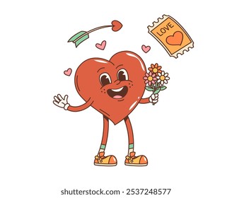 Cartoon retro valentine groovy heart character with bouquet of flowers. Isolated vector happy and romantic Valentines day love personage in style of 70s smile, ready for dating or holiday celebration