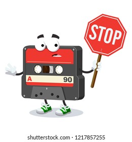 cartoon retro vintage audio cassette mascot with tablet stop in hand on white background