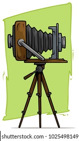 Cartoon retro vintage camera on tripod against green background. Vector icon.