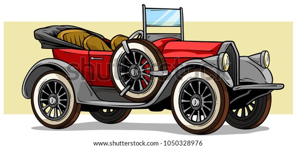 Cartoon retro vintage luxury red\
convertible car with spare wheel on yellow background. Vector\
icon.