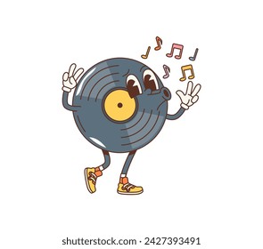 Cartoon retro vinyl record groovy character whistle funky melody notes, embodying the soulful vibe of classic music. Isolated vector vintage musical personage radiating nostalgia and playful tunes