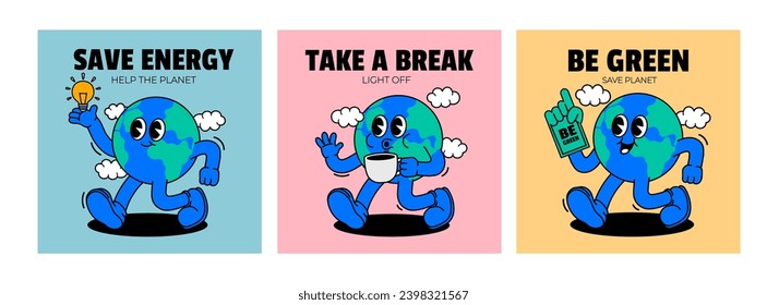 Cartoon retro walking Earth. Card with vintage funny globe. Comic mascot character blue planet, eco concept for poster. Earth day. Save planet vector banner. Ecological and environmental concept