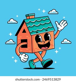 Cartoon Retro walking smilling house