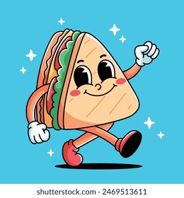 Cartoon retro walking smilling sandwich