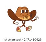 Cartoon retro Western cowboy hat groovy character, old american Wild West vector personage. Vintage leather brown hat of Western cowboy, sheriff or Wild West gunslinger emoticon, old american emoji