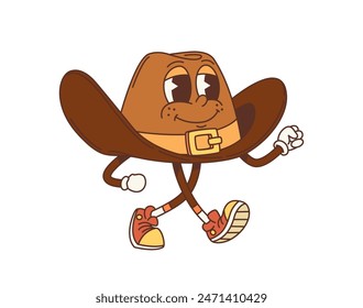 Cartoon retro Western cowboy hat groovy character, old american Wild West vector personage. Vintage leather brown hat of Western cowboy, sheriff or Wild West gunslinger emoticon, old american emoji