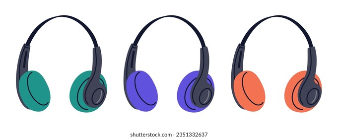 Cartoon retro wireless headphones. Old school music gadget, portable electronic audio device isolated flat vector illustration