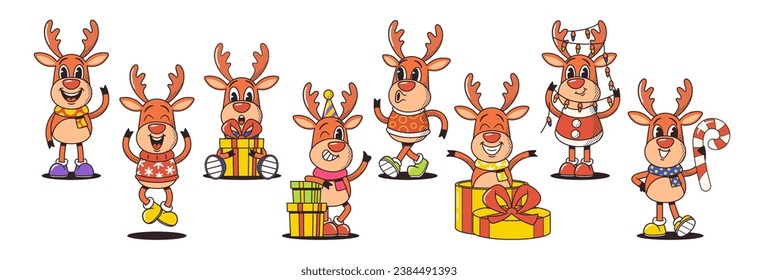 Cartoon Retro-style Christmas Deer Characters In Vibrant Winter Attire, Exuding Nostalgic Old-fashioned Charm