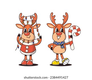 Cartoon Retro-style Christmas Deer Characters Adorned With A Festive Garland And Candy Cane, Exuding Holiday Charm