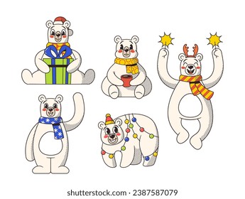 Cartoon Retro-style Christmas Polar Bears Characters, Adorned In Cozy Scarves And Santa Hats, Waving Paws, Hugging Gifts