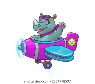 Cartoon rhino animal kid pilot on plane, baby character on airplane. Isolated vector adorable rhinoceros wearing pilot glasses and scarf gleefully driving biplane waving a paw, ready for air adventure