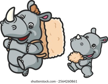 cartoon rhino and baby rhino carrying wheat harvest of illustration