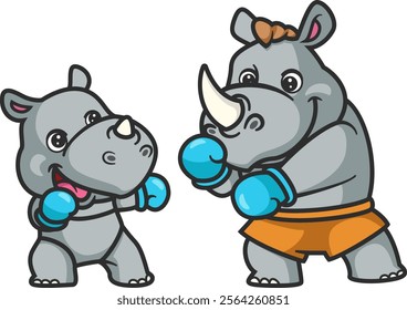 cartoon rhino and baby rhino doing boxing activity together of illustration