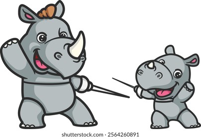 cartoon rhino and baby rhino doing fencing sport of illustration