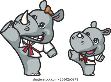 cartoon rhino and baby rhino doing karate activity together of illustration