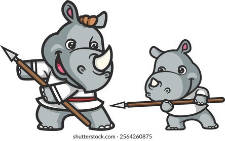 cartoon rhino and baby rhino doing spears sport of illustration