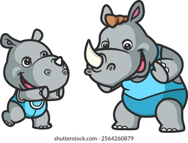 cartoon rhino and baby rhino doing wrestling activity together of illustration