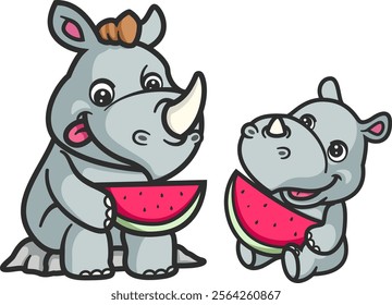 cartoon rhino and baby rhino eating watermelon of illustration