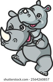 cartoon rhino and baby rhino playing together of illustration