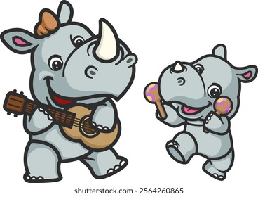 cartoon rhino and baby rhino singing and playing guitar of illustration