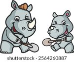 cartoon rhino and baby rhino working together of illustration