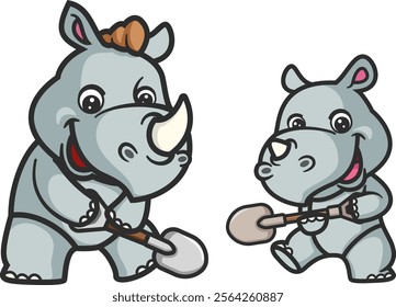 cartoon rhino and baby rhino working together of illustration