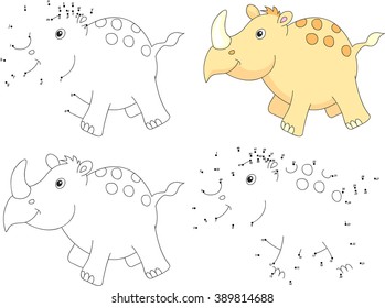 Cartoon rhino. Coloring book and dot to dot educational game for kids