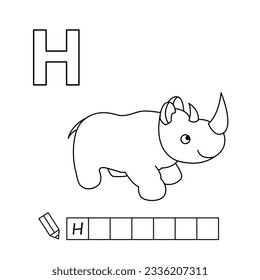 Cartoon rhino coloring pages. Learning game for small children - write a word in Russian language. Vector alphabet for kids