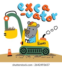 Cartoon rhino driving yellow excavator with construction cone and colorful letters in playful digging scene. Children illustration concept
