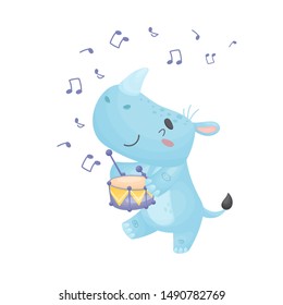 Cartoon rhino with a drum. Vector illustration on a white background.