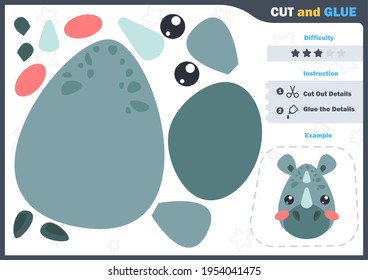 Cartoon rhino. Education paper game for preshool children. Cut parts of the image and glue on the paper. Vector illustration. Cut and Glue Game.