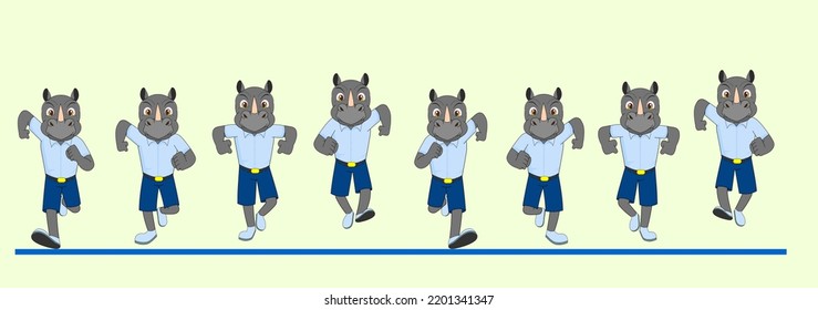 Cartoon Rhino Frame by Frame Front Run Cycle, in school dress, Vector Illustration. Design for Motion graphics, 2D Animation, Infographics, Motion Posters, Pose Animation