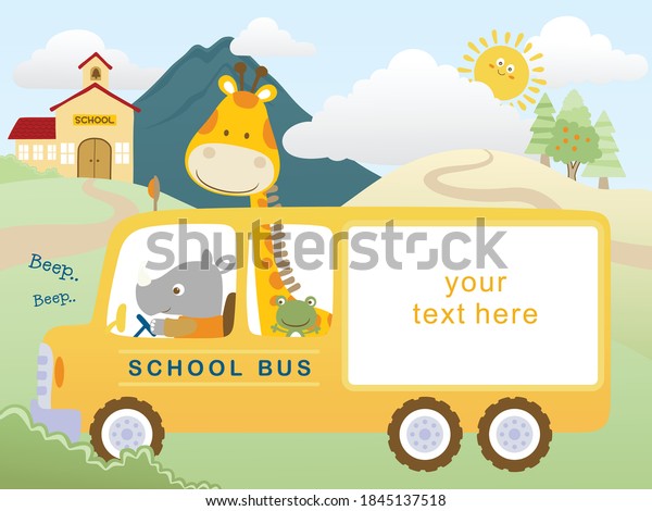 Cartoon of rhino with giraffe on school bus on\
mountain background