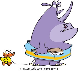 cartoon rhino going to the shower or tub