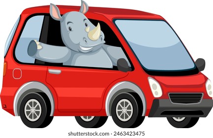 Cartoon rhino happily driving a small red car