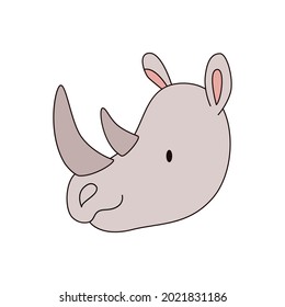 Cartoon rhino head isolated. Colored vector illustration of a rhino head with an outline on a white background. Cute illustration of a horned animal.