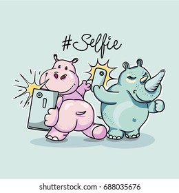 Cartoon rhino and hippo taking selfie on smart phone. Vector hand-drawn illustration