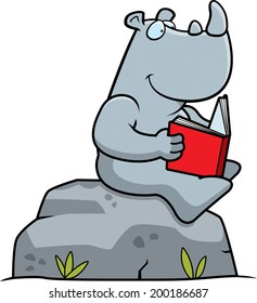 A cartoon rhino reading a book on a rock.