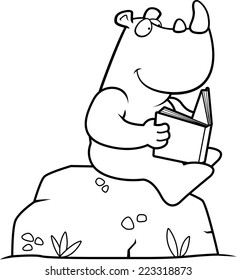 A cartoon rhino reading a book on a rock.