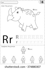 Cartoon rhino and rocket. Alphabet tracing worksheet: writing A-Z, coloring book and educational game for kids