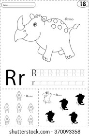 Cartoon rhino, rocket and raven. Alphabet tracing worksheet: writing A-Z, coloring book and educational game for kids