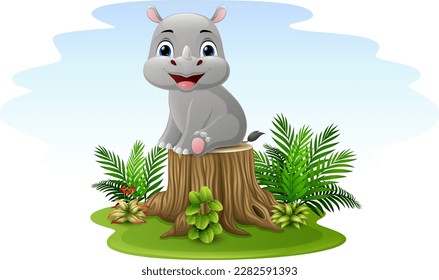 Cartoon rhino sitting on tree stump